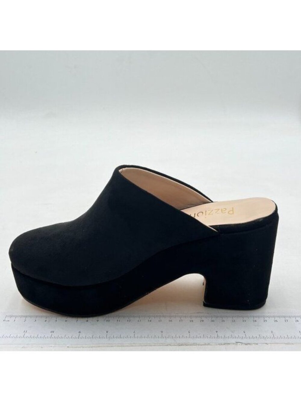 Pazzion Black Thick Platform Round Toe Clog Mule Slip On Block High Heel Slipper